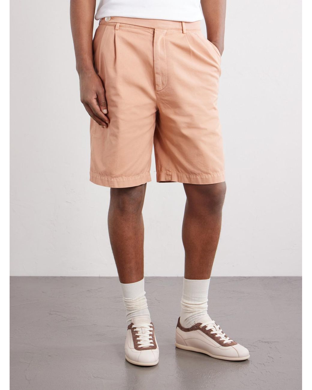 Brunello Cucinelli White Straight-Leg Pleated Cotton Shorts for men