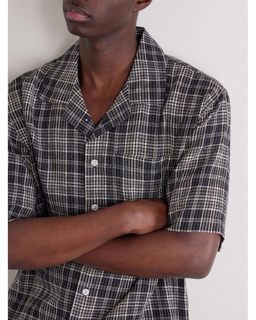 Corridor NYC Gray Camp-Collar Checked Seersucker Shirt for men