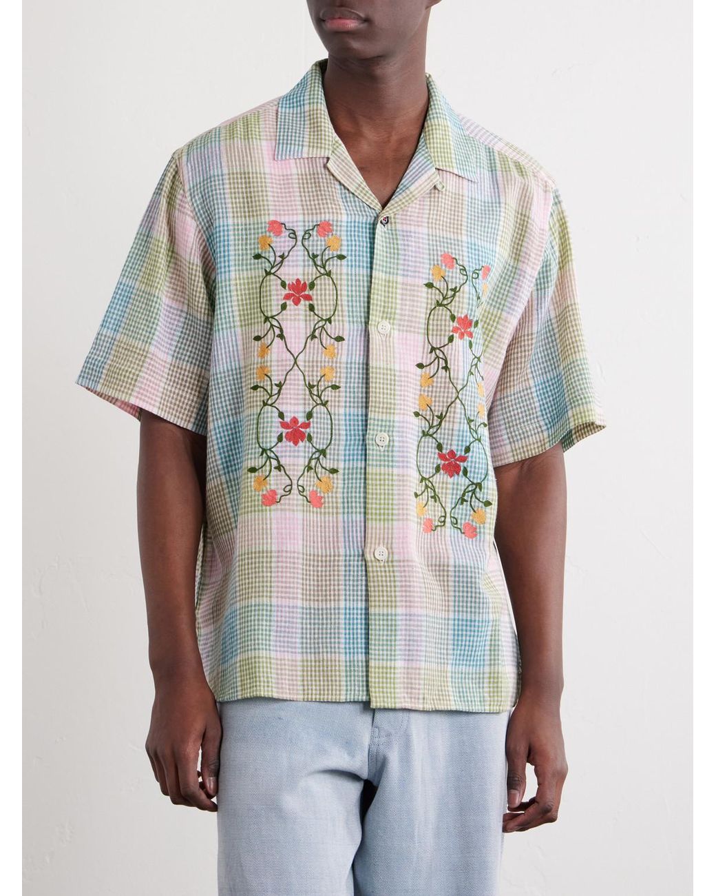 Kardo Blue Ronen Camp-Collar Floral-Embroidered Checked Cotton And Linen-Blend Shirt for men