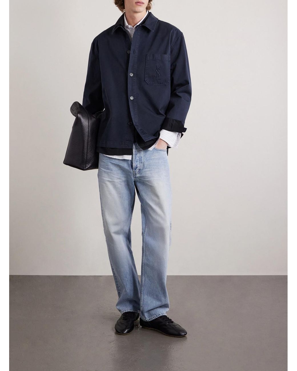 Saint Laurent Blue Logo-Embroidered Cotton-Twill Overshirt for men