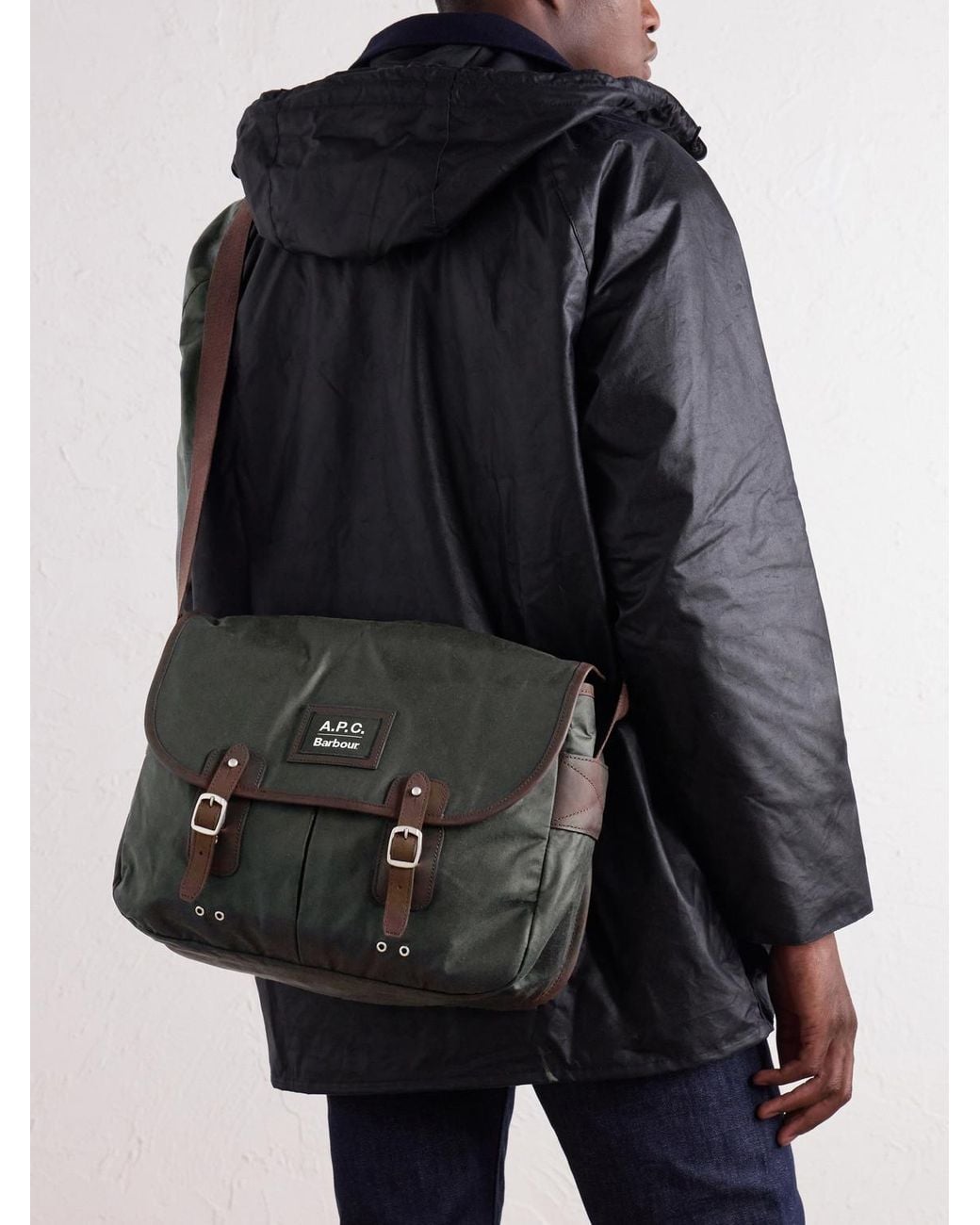 Barbour Black A.P.C. Leather-Trimmed Waxed Cotton-Canvas Messenger Bag for men