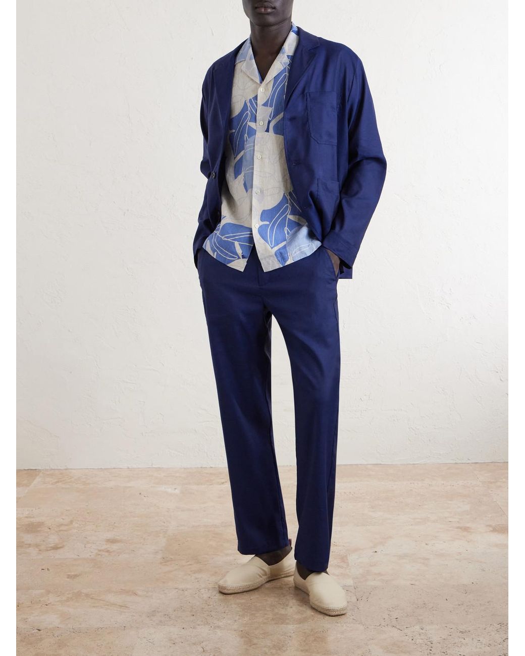 Frescobol Carioca Blue Roberto Camp-collar Printed Linen Shirt for men