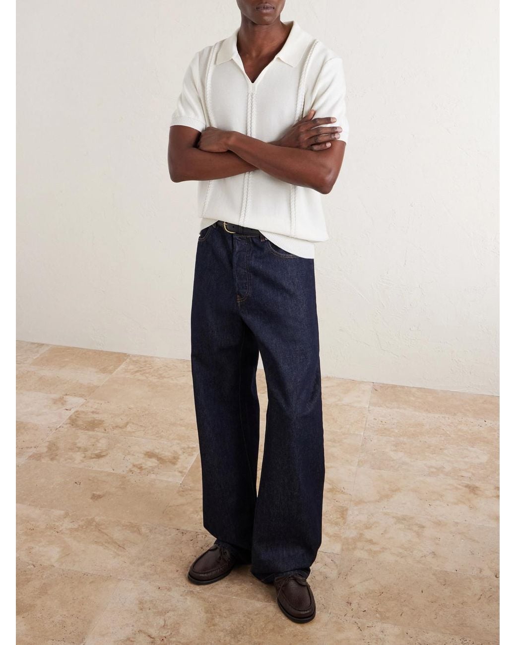 Mr P. White Cable-knit Cotton Polo Shirt for men