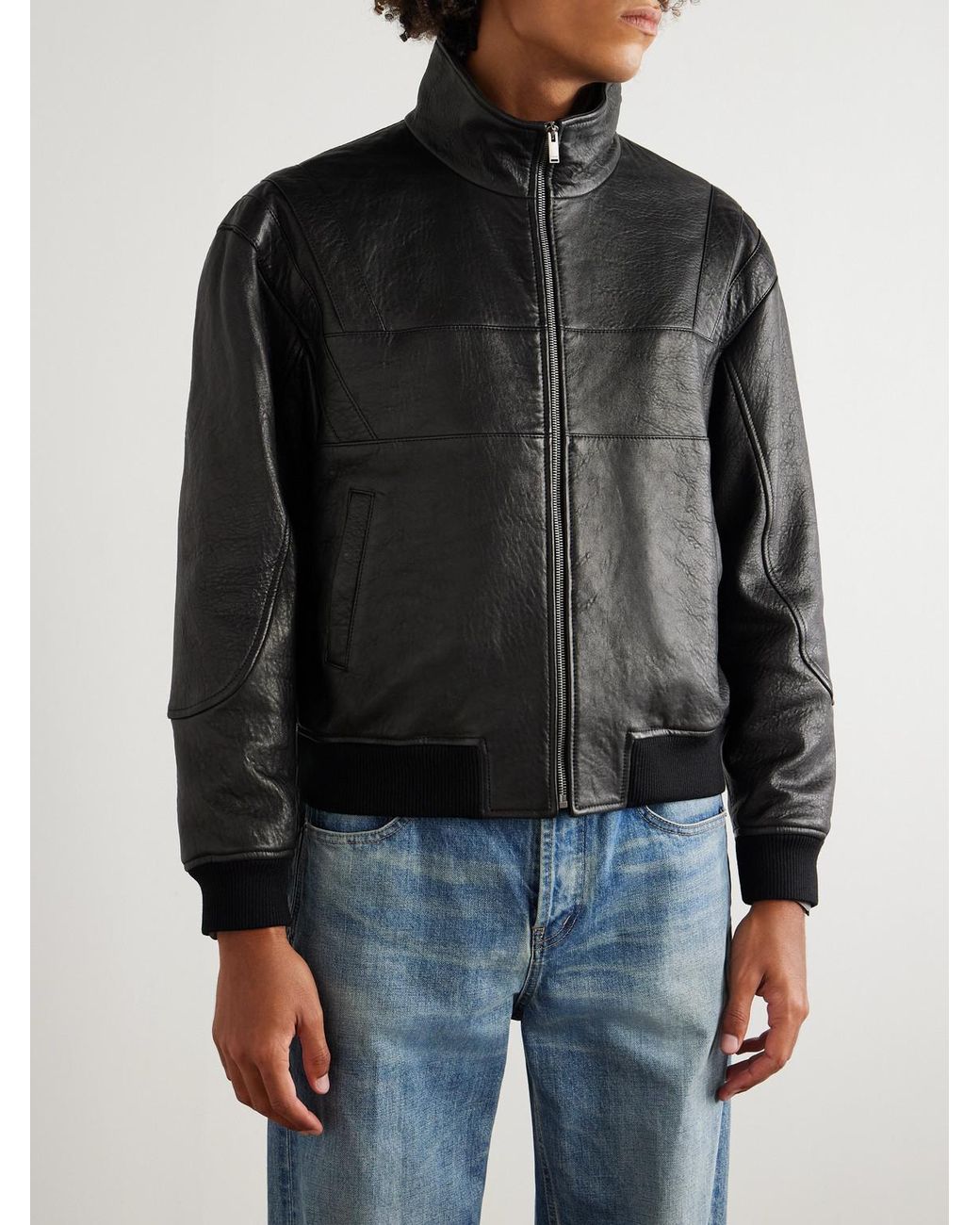 Saint Laurent Black Teddy Panelled Full-grain Leather Blouson Jacket for men