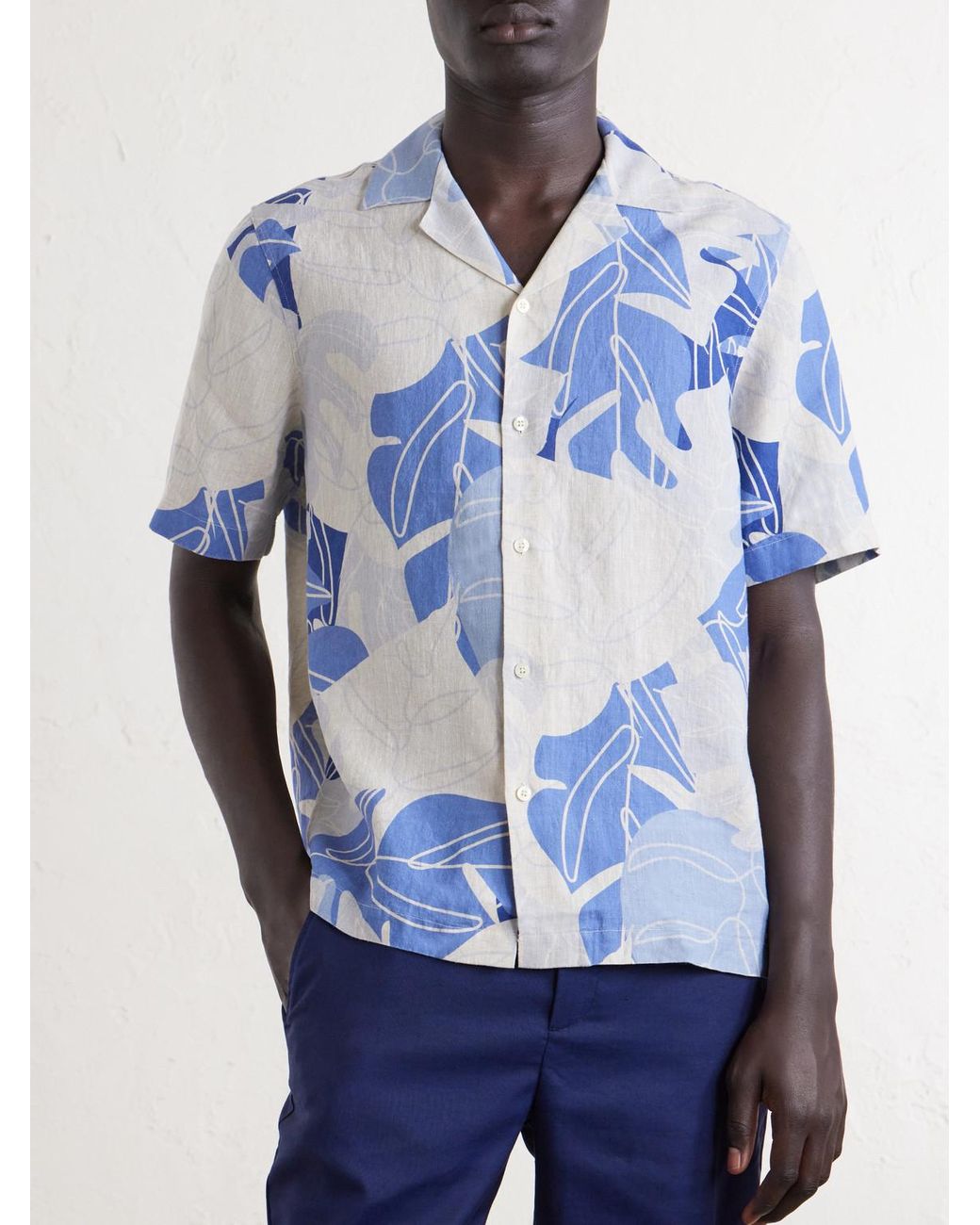 Frescobol Carioca Blue Roberto Camp-collar Printed Linen Shirt for men