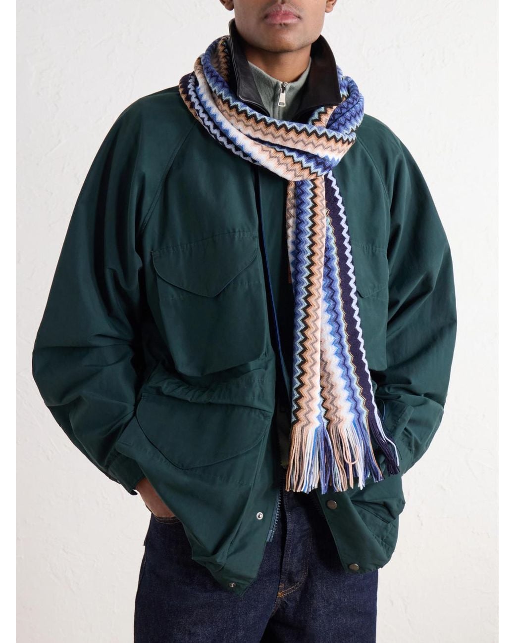 Missoni Blue Fringe-Trimmed Crochet-Knit Wool-Blend Scarf for men
