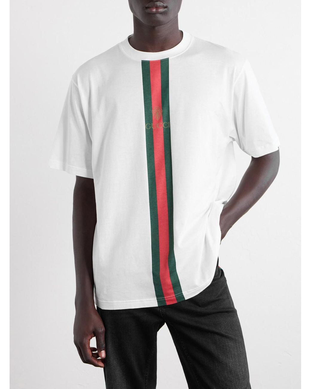 Gucci White Webbing-Printed Cotton-Jersey T-Shirt for men