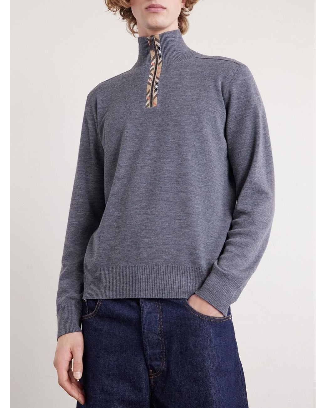 Burberry Blue Checked Wool Half-zip Sweater for men