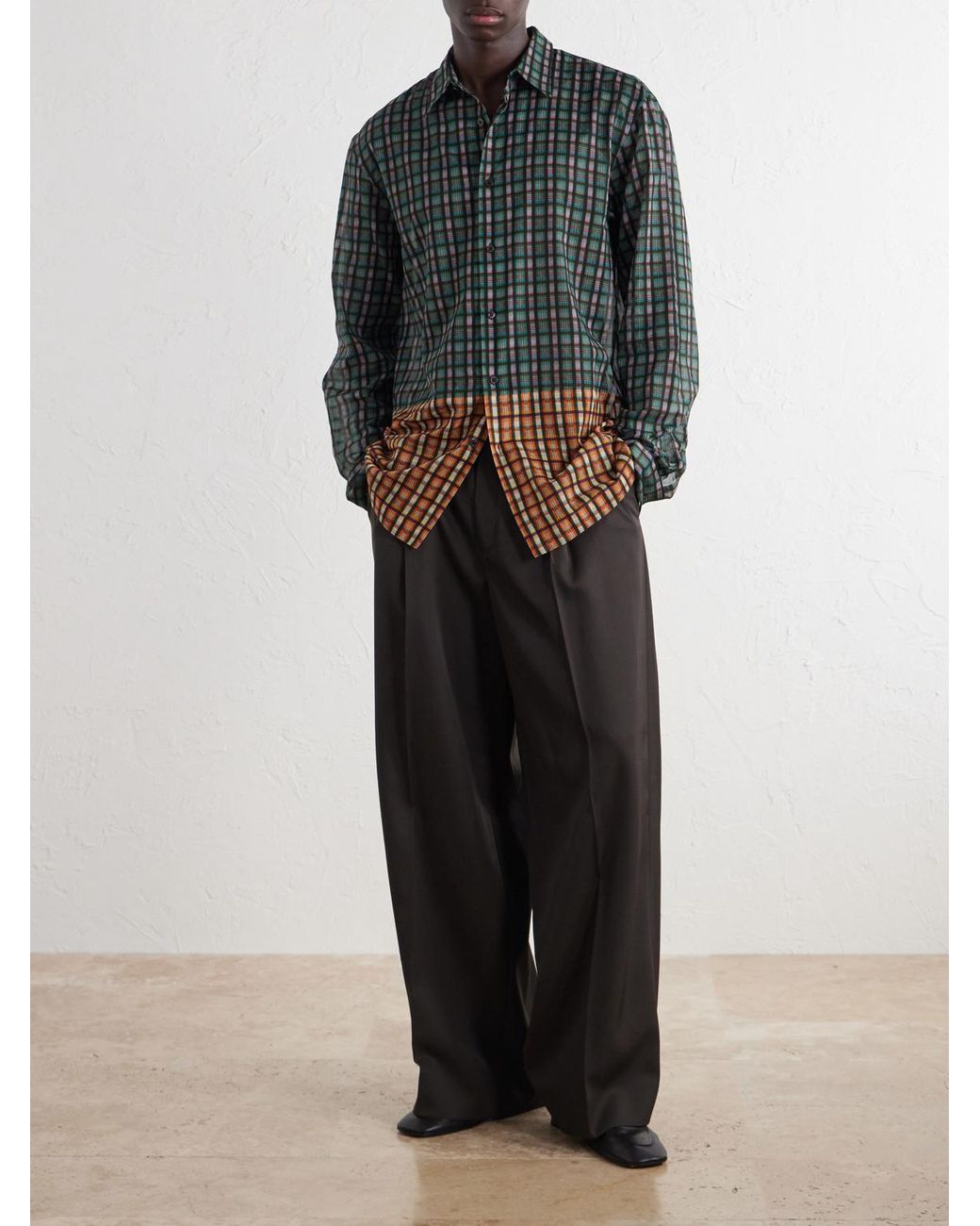 Dries Van Noten Blue Panelled Checked Cotton-Voile Shirt for men
