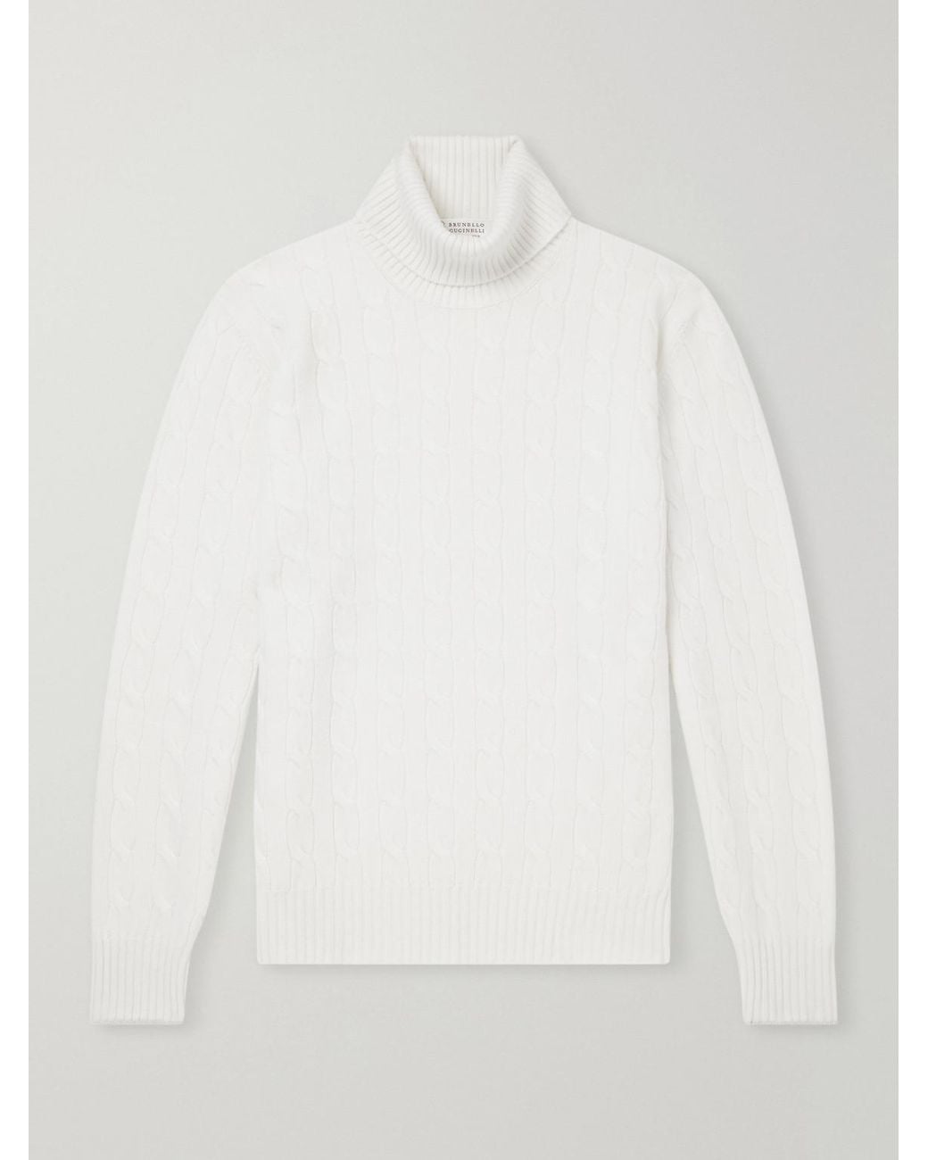 Brunello Cucinelli White Cable-Knit Cashmere Rollneck Sweater for men