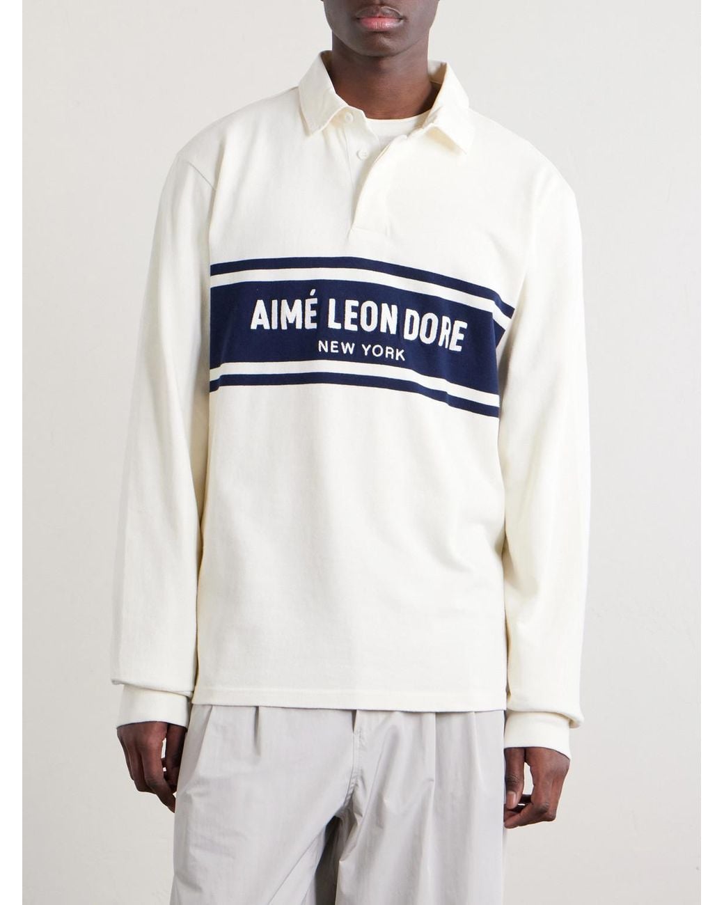 Aimé Leon Dore Blue Logo-Embroidered Striped Cotton Polo Sweater for men