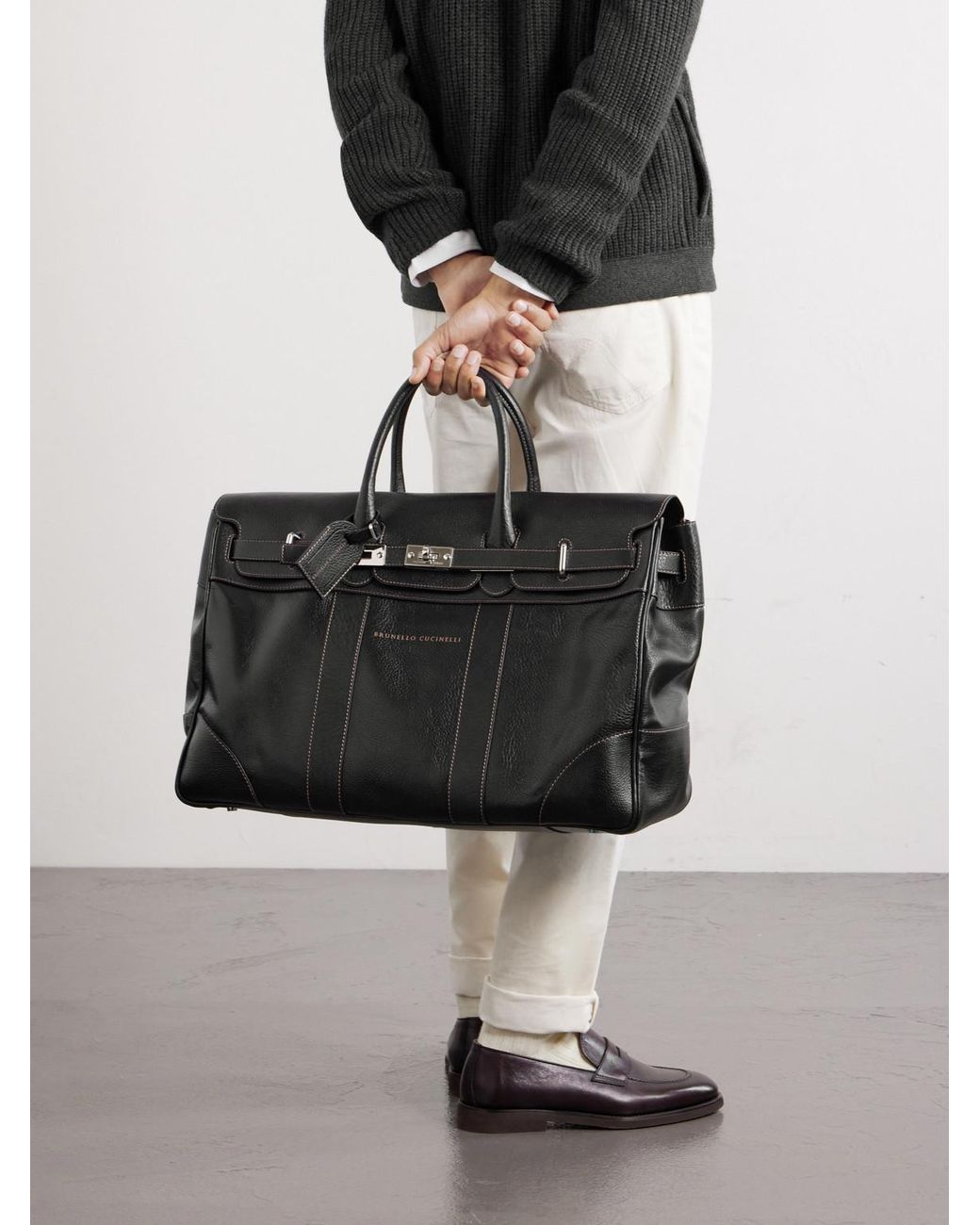 Brunello Cucinelli Black Panelled Full-grain Leather Weekend Bag for men