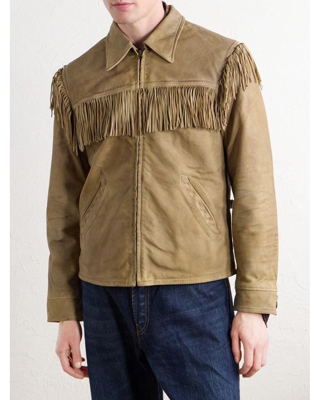 RRL Natural Elkhorn Fringed Suede-Trimmed Leather Jacket for men