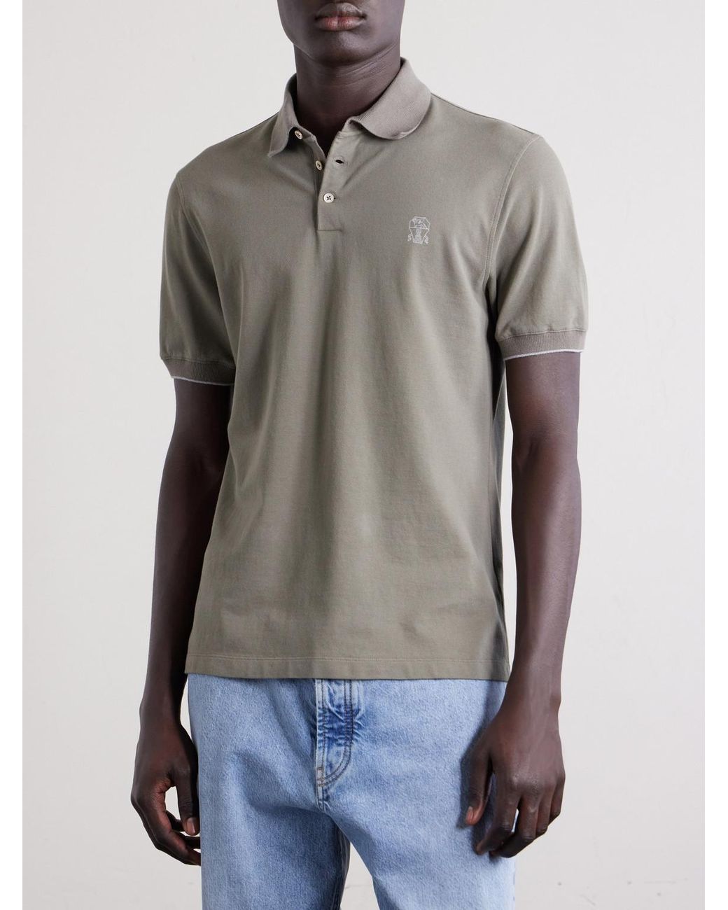 Brunello Cucinelli Gray Logo-Print Cotton-Piqué Polo Shirt for men