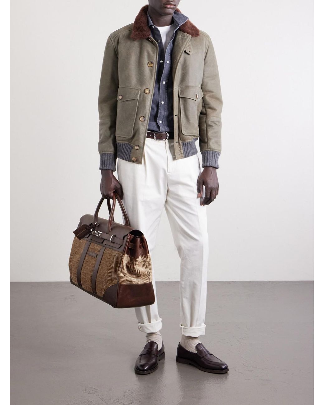 Brunello Cucinelli Brown Herringbone Canvas And Leather Weekend Bag for men