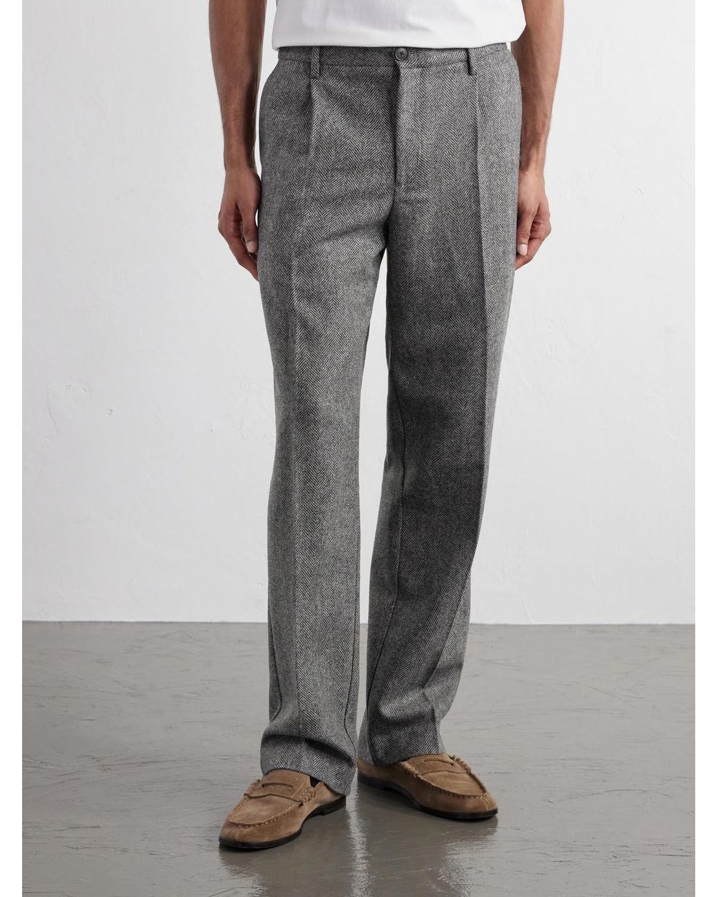 Portuguese Flannel Gray Straight-Leg Pleated Wool Herringbone Trousers for men
