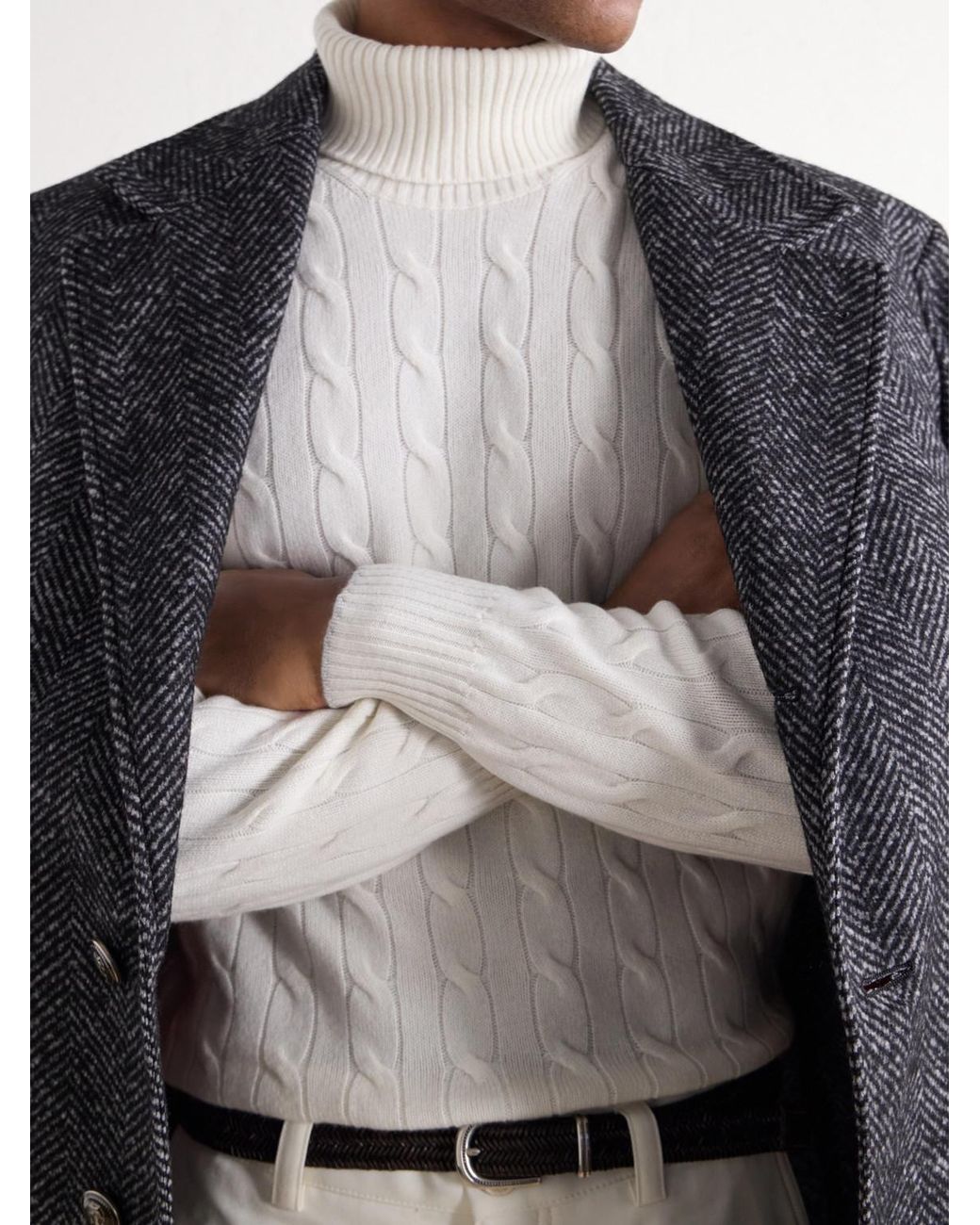 Brunello Cucinelli White Cable-Knit Cashmere Rollneck Sweater for men
