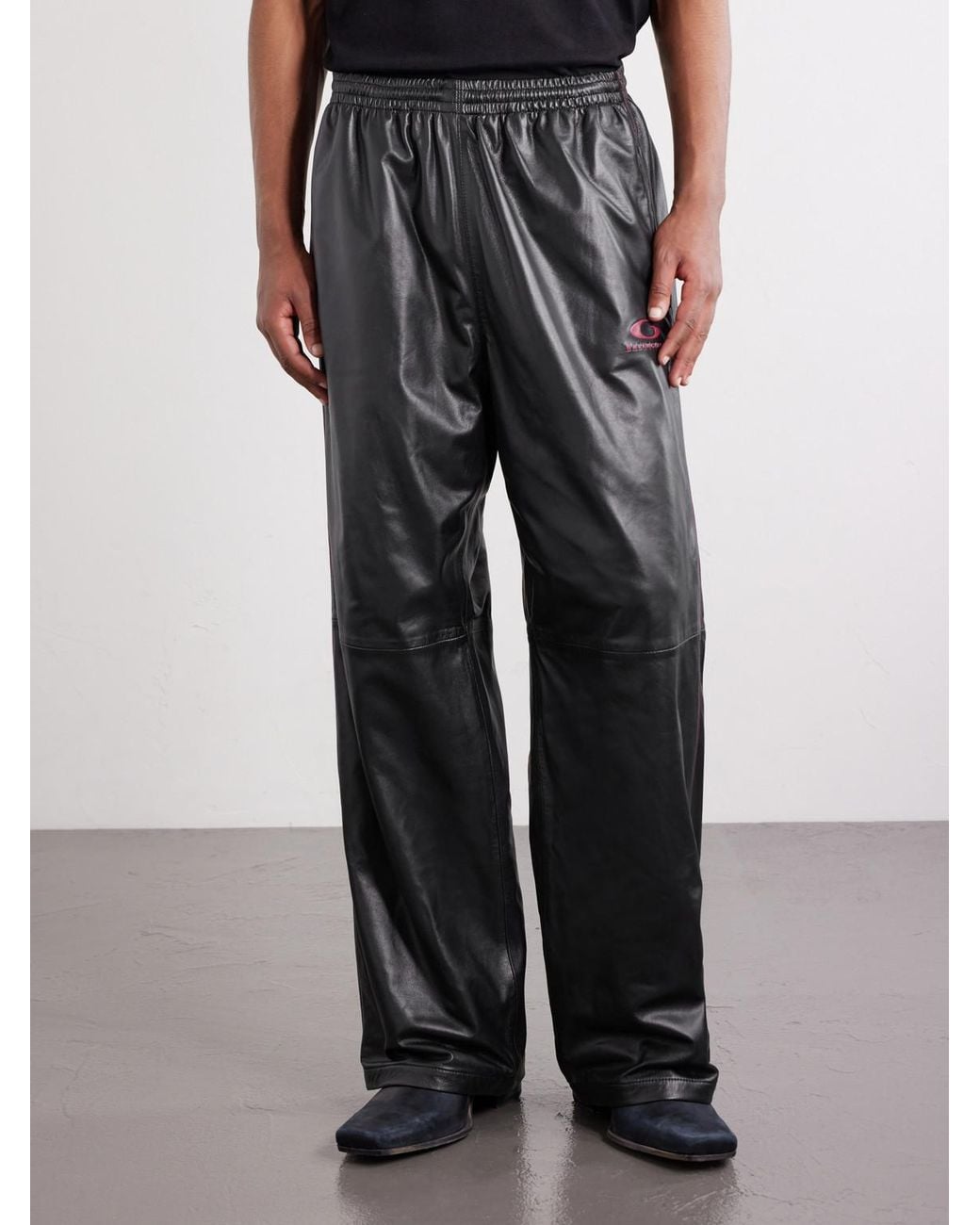 Balenciaga Black Straight-Leg Logo-Print Leather Sweatpants for men