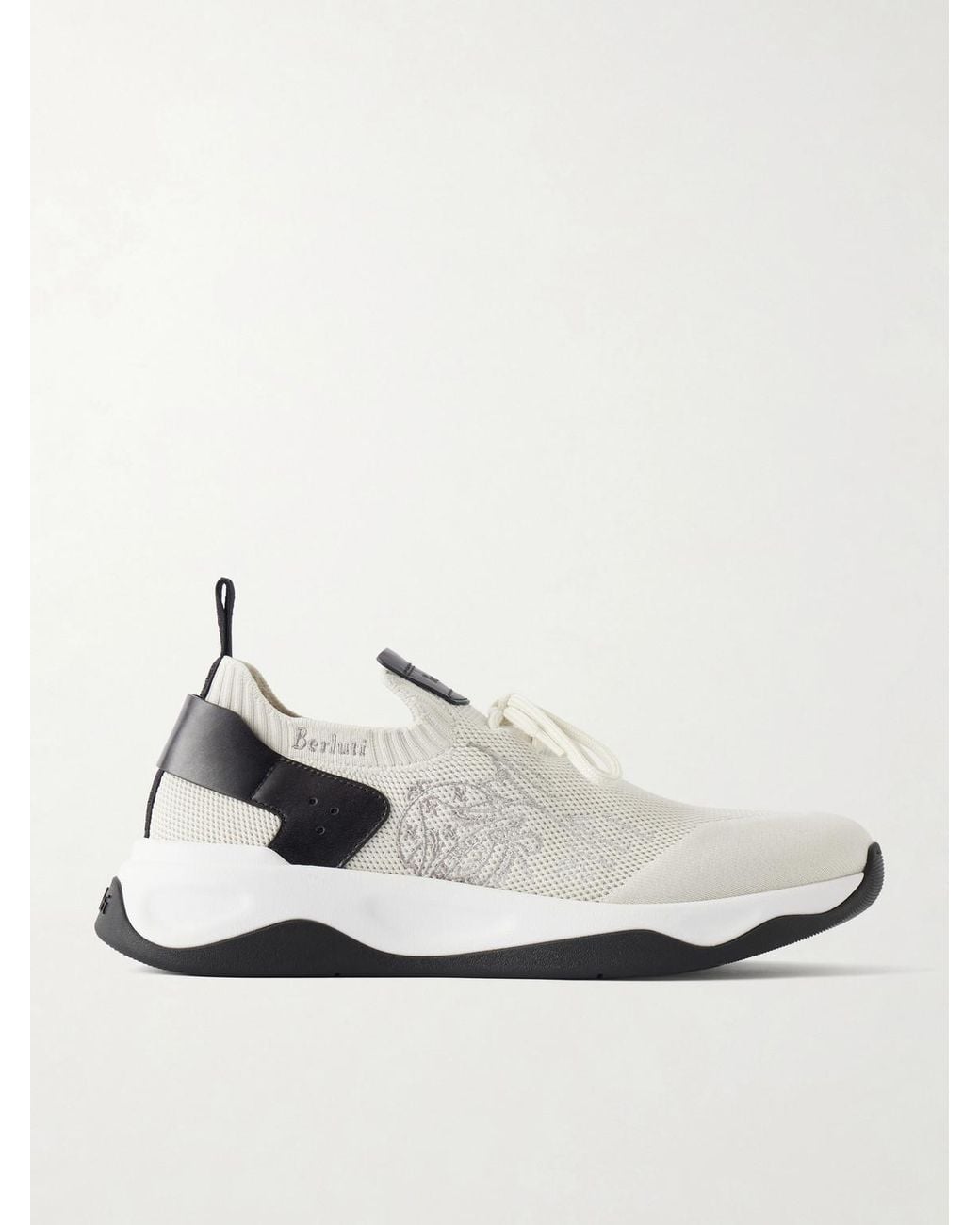 Berluti White Shadow Logo-embroidered Leather-trimmed Stretch-knit Sneakers for men