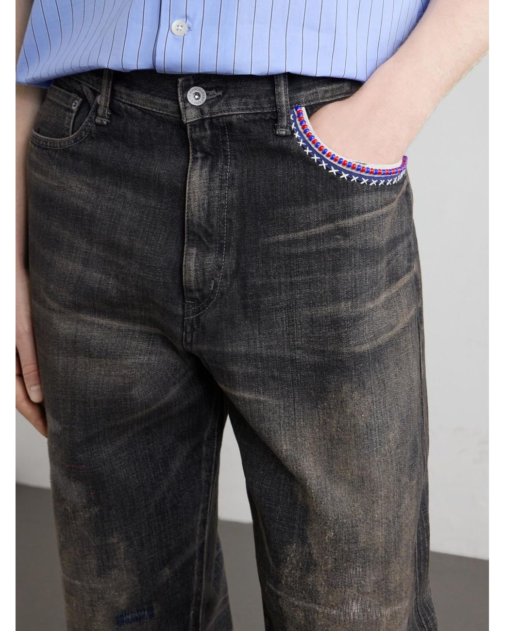 Neighborhood Gray Savage Straight -Leg Bead-Embellished Distressed Jeans for men