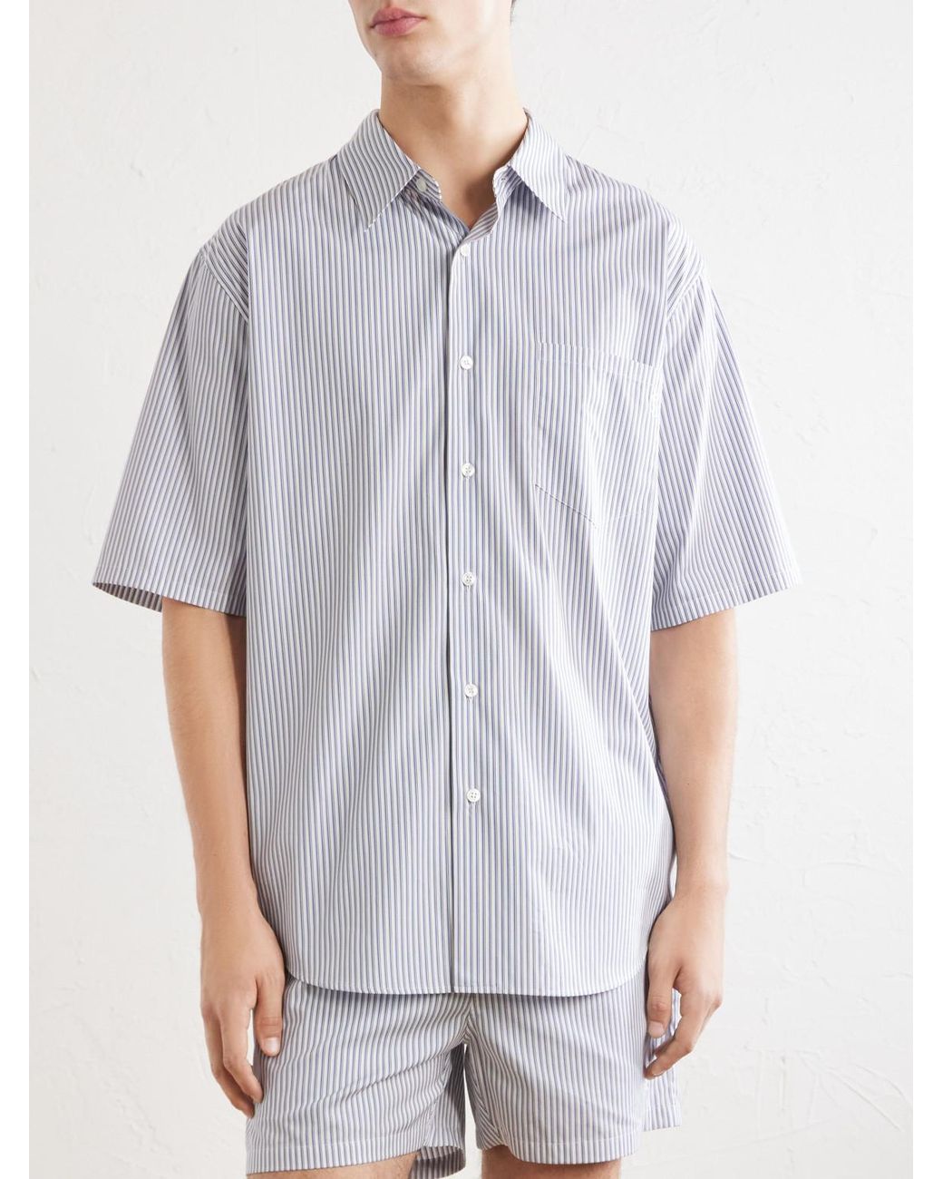 Saint Laurent Blue Logo-embroidered Striped Cotton-poplin Shirt for men