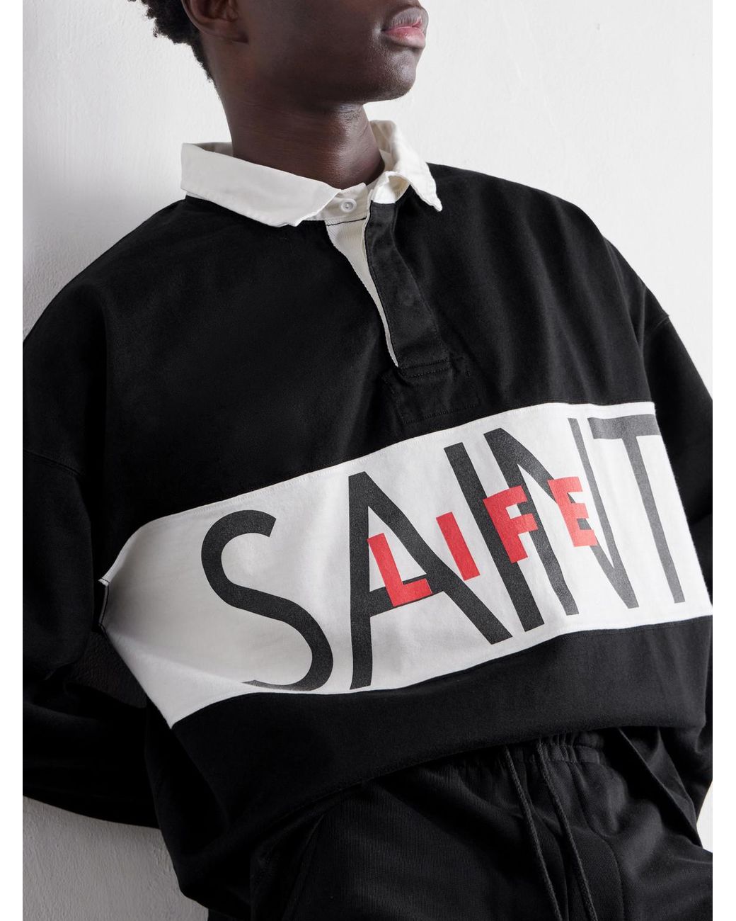 SAINT Mxxxxxx Black Saint Life Printed Cotton-Jersey Polo Shirt for men