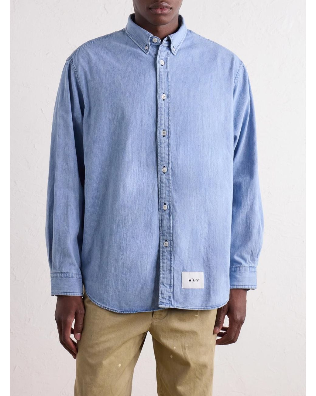 (w)taps Blue Bd 01 Logo-Appliquéd Stone-Bleach Denim Shirt for men