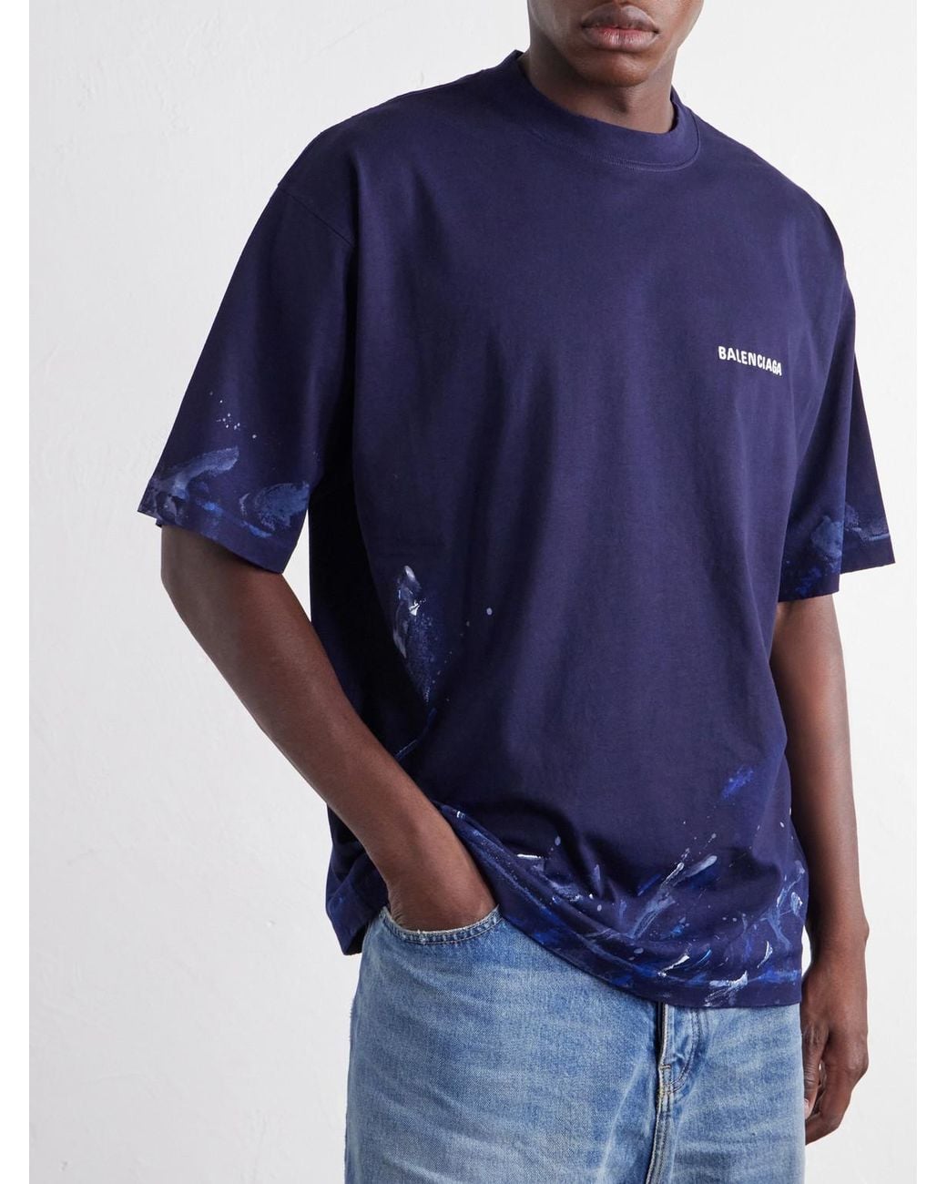 Balenciaga Blue Logo-embroidered Paint-splattered Cotton-jersey T-shirt for men