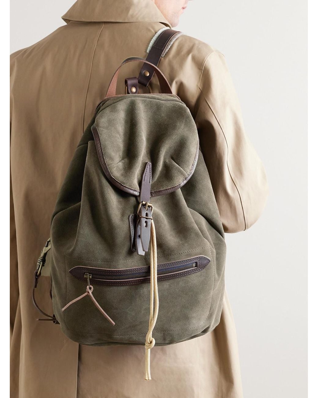 Bleu De Chauffe Green Camp Leather-Trimmed Suede Backpack for men
