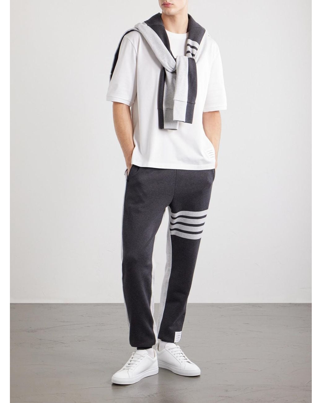 Thom Browne White Logo-appliquéd Striped Cotton-jersey T-shirt for men