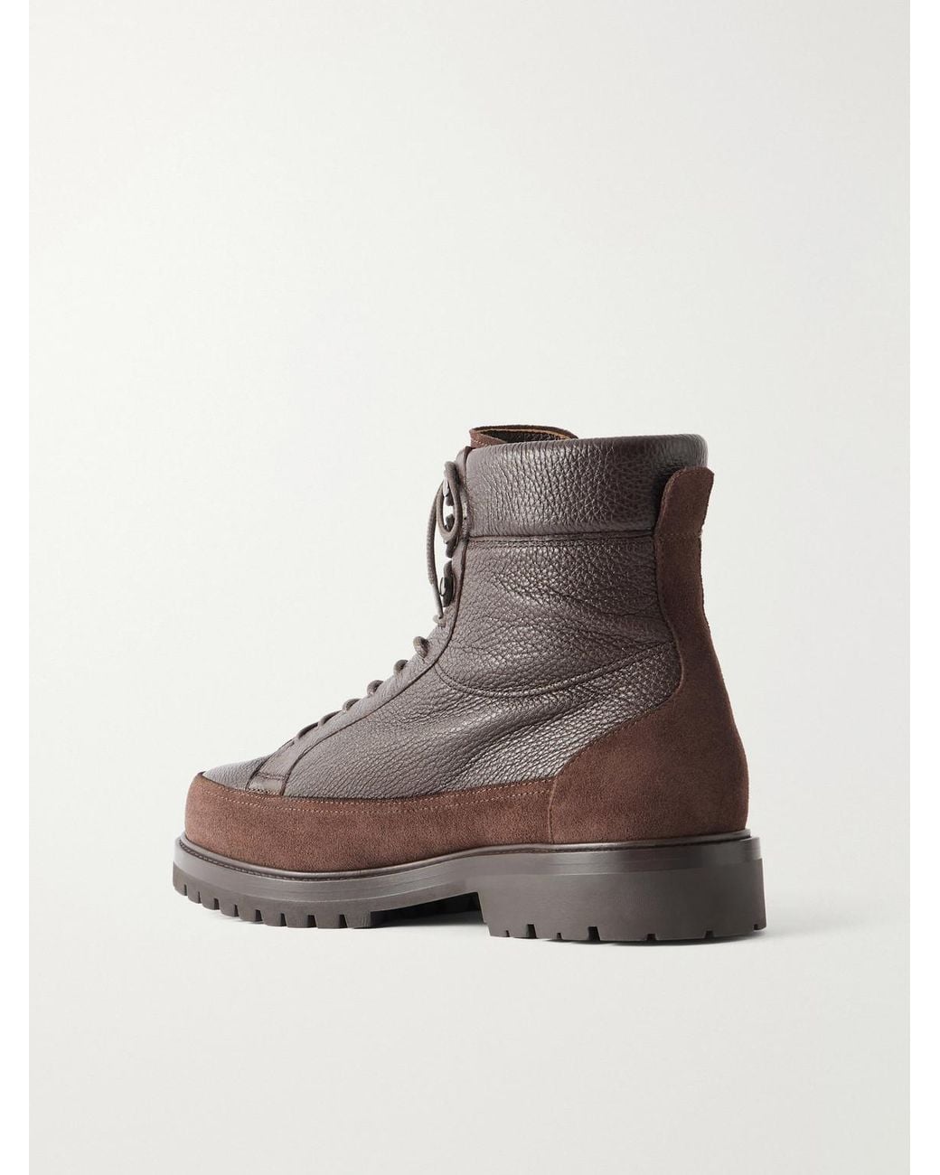 Brunello Cucinelli Brown Shearling-Lined Suede-Trimmed Textured-Leather Lace-Up Boots for men