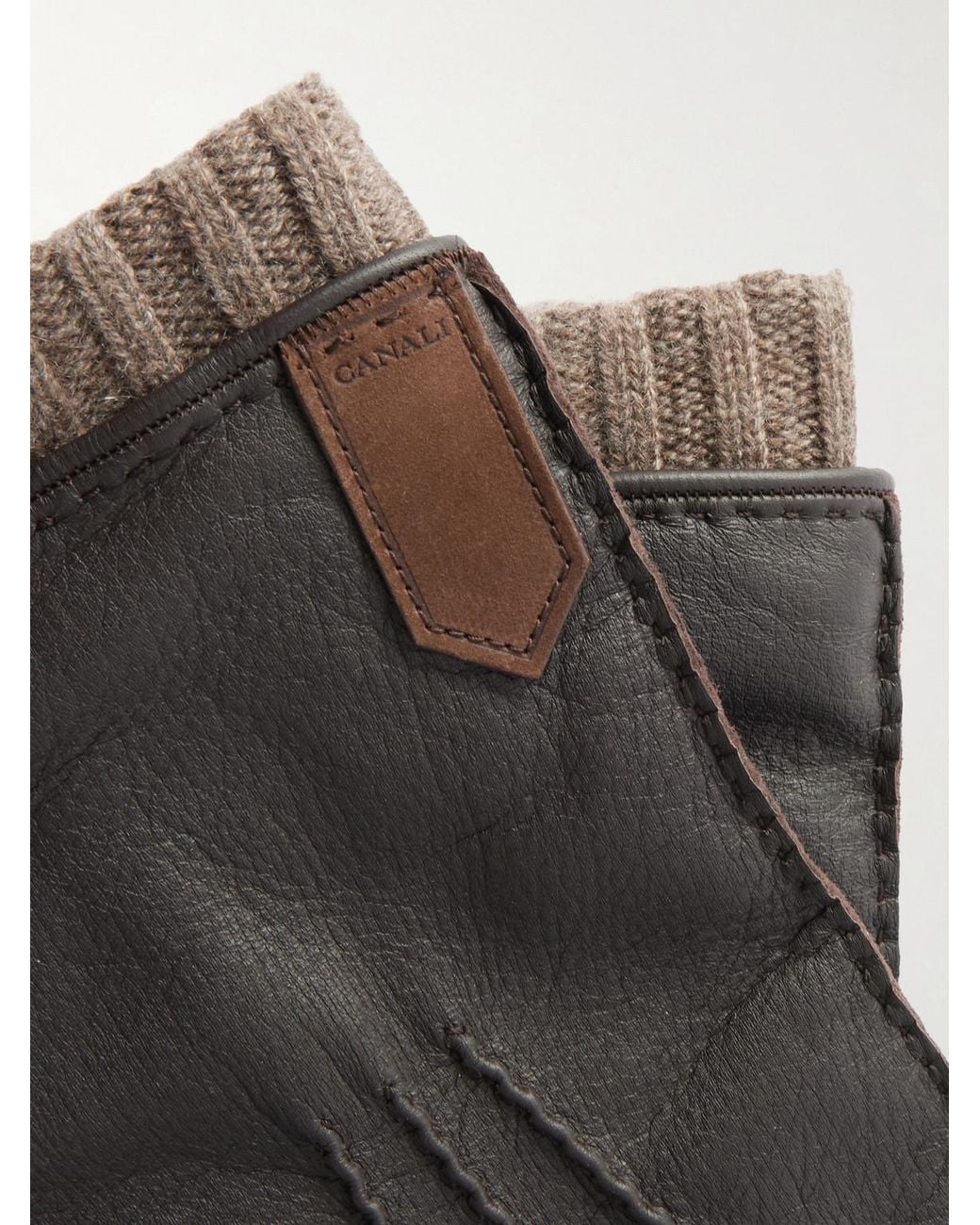Canali Black Ribbed Cashmere-Trimmed Leather Gloves for men