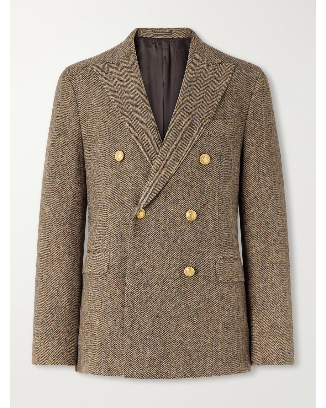 Slowear Brown Incotex Double-Breasted Herringbone Shetland Wool-Twill Blazer for men
