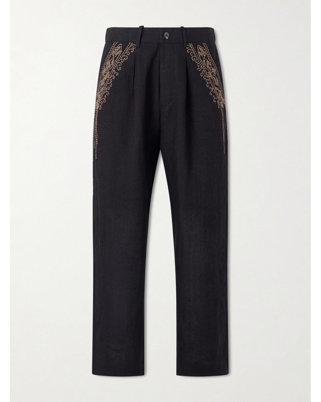 Kartik Research Blue Straight-Leg Zardozi Embroidered Pleated Linen Trousers for men