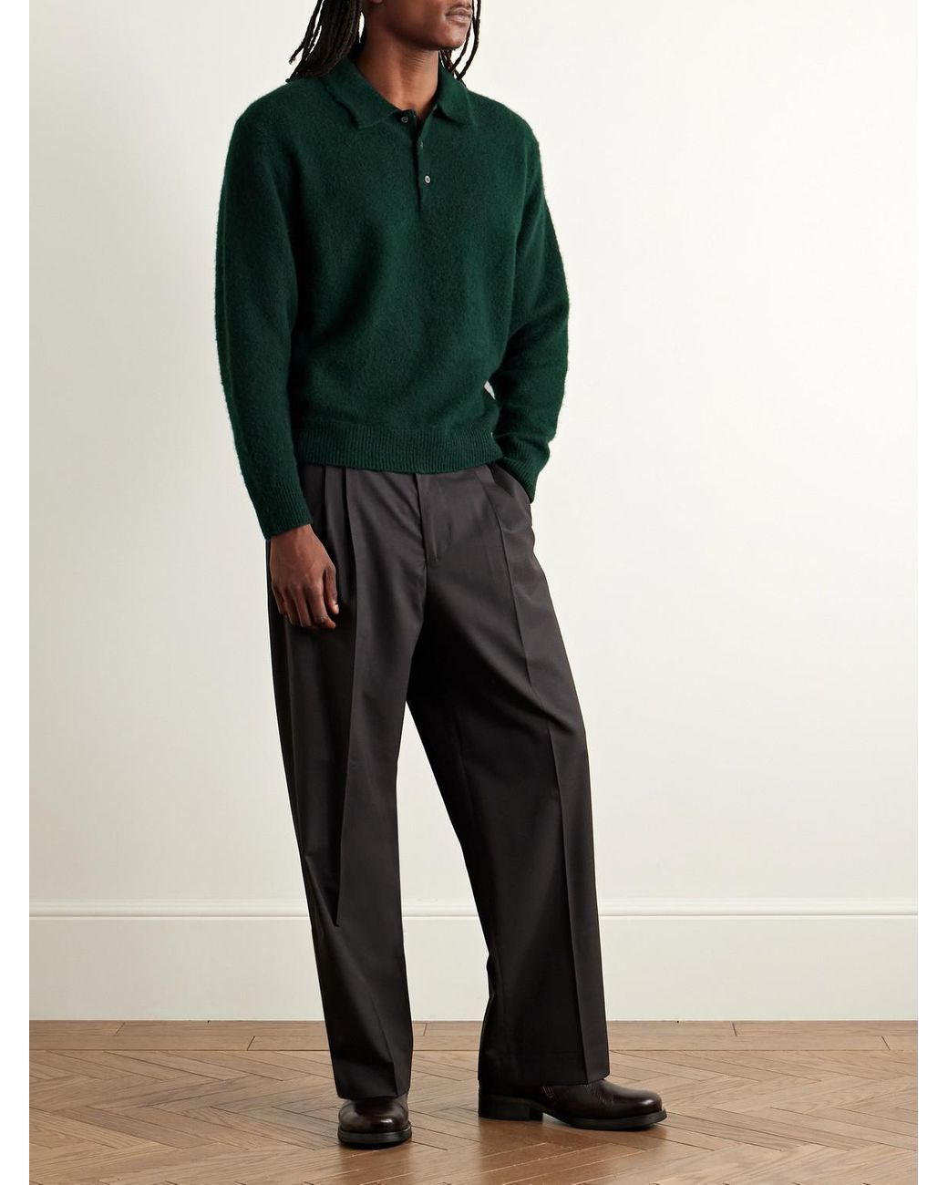 A.PRESSE Green Brushed-Cashmere Polo Shirt for men