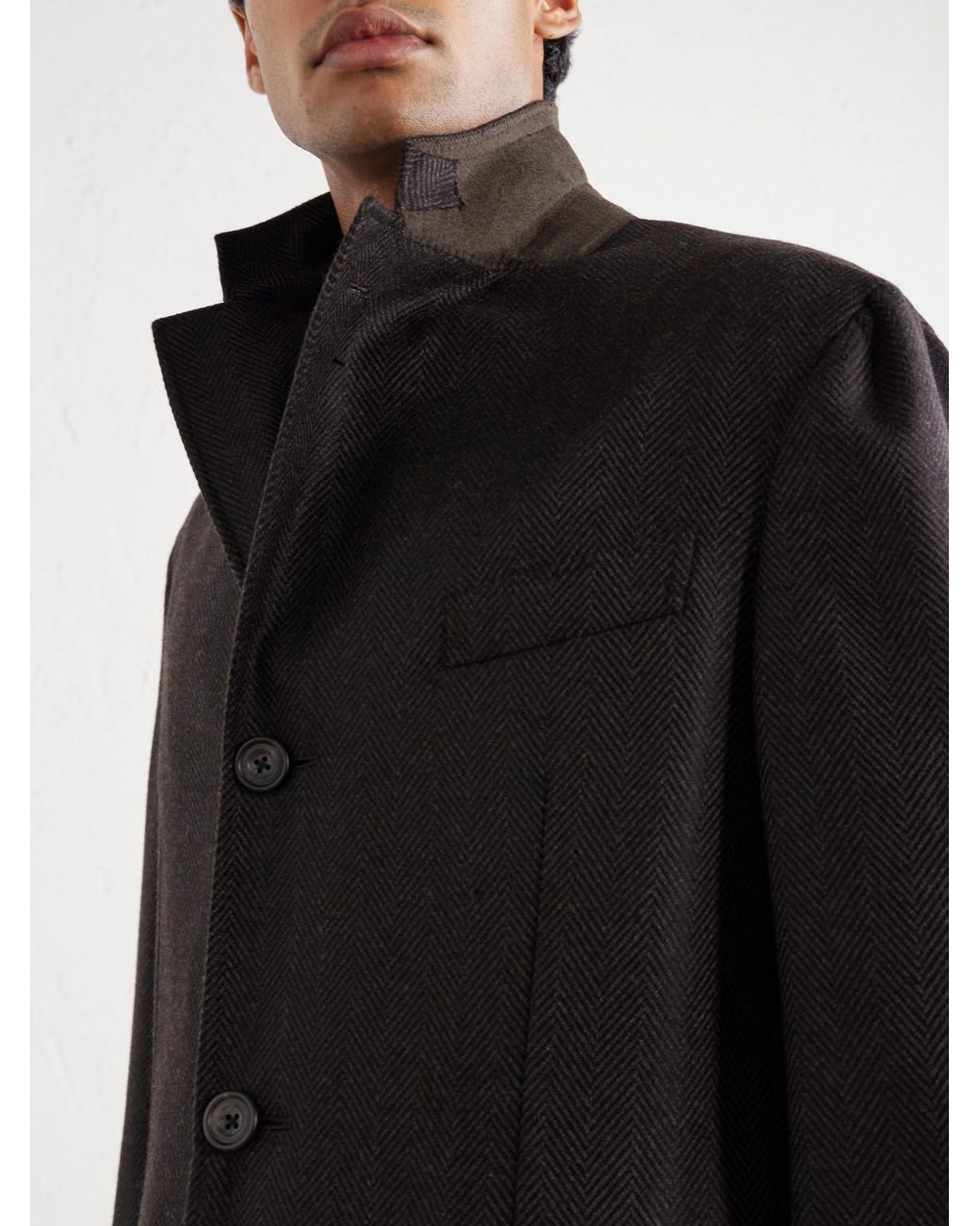 Thom Sweeney Black Herringbone Wool Coat for men