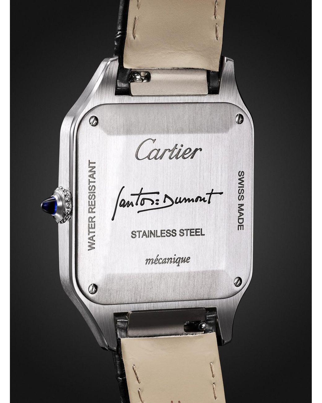 Cartier Black Santos-dumont Hand-wound 43.5mm Stainless Steel And Alligator Watch for men