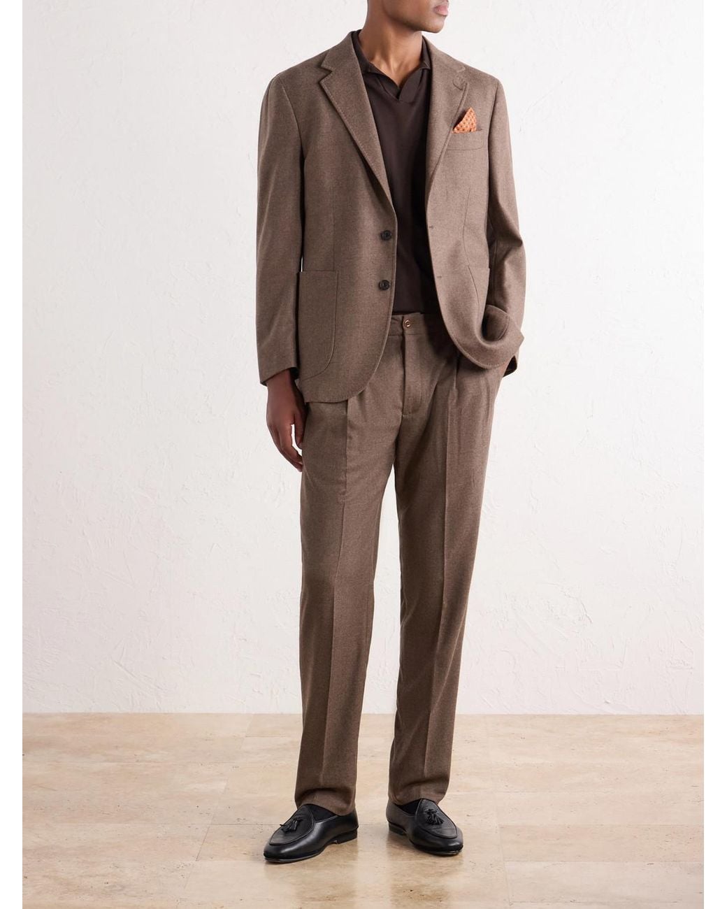 Rubinacci Brown Convertible Tapered Drawstring Virgin Wool-Flannel Trousers for men