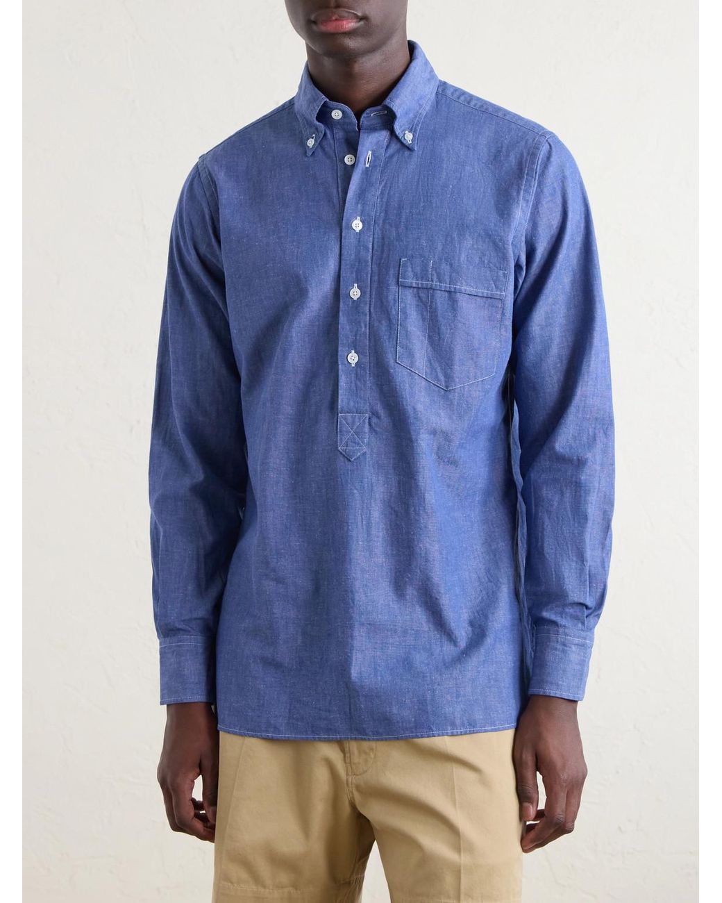 Drake's Blue Button-Down Collar Cotton And Linen-Blend Polo Shirt for men