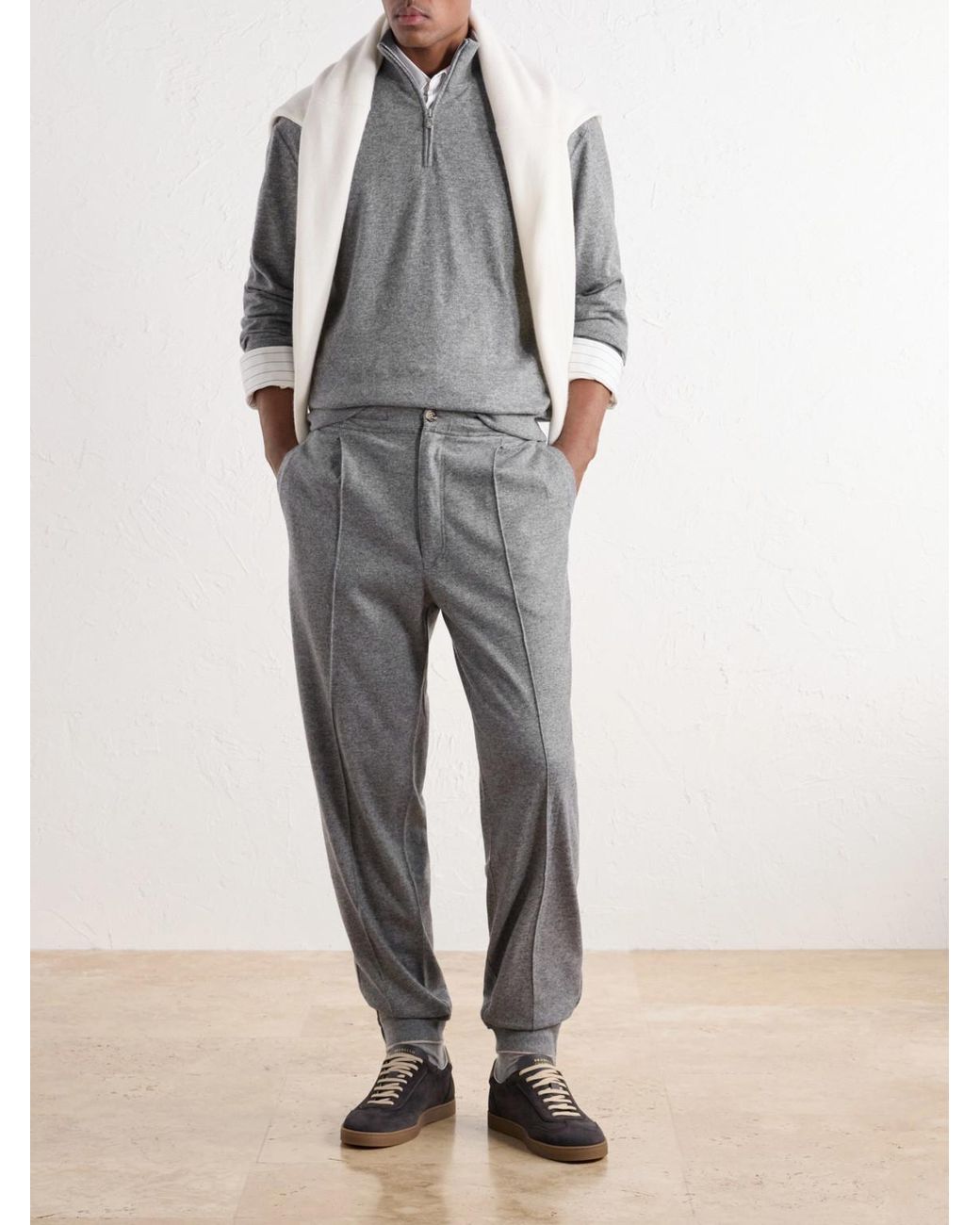 Brunello Cucinelli Gray Logo-Embroidered Cashmere Half-Zip Sweater for men