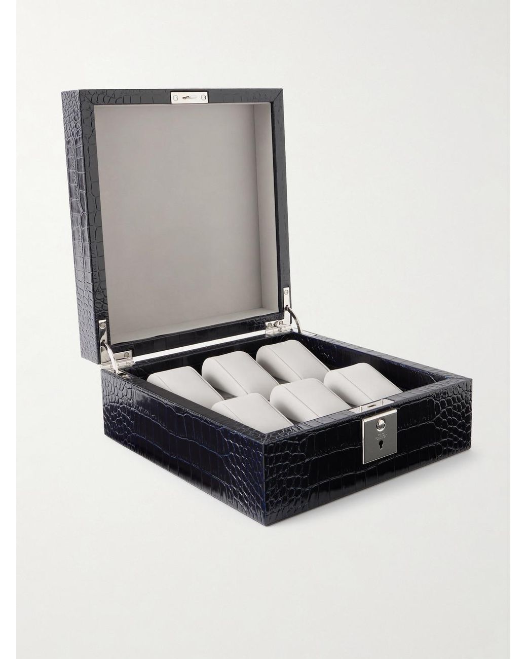 Smythson Gray Mara Croc-Effect Leather Six-Piece Watch Box for men