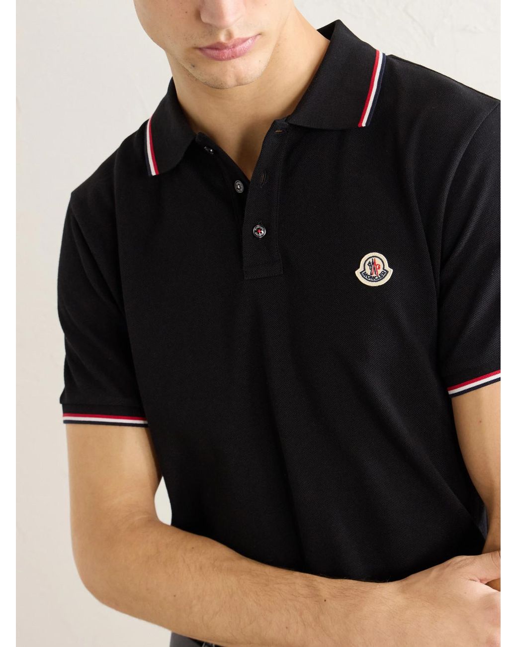Moncler Black Logo-Appliquéd Cotton-Piqué Polo Shirt for men