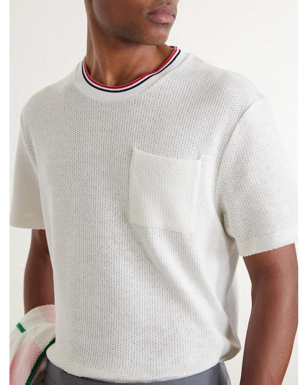 Thom Browne White Pointelle-Knit Cotton And Linen-Blend T-Shirt for men