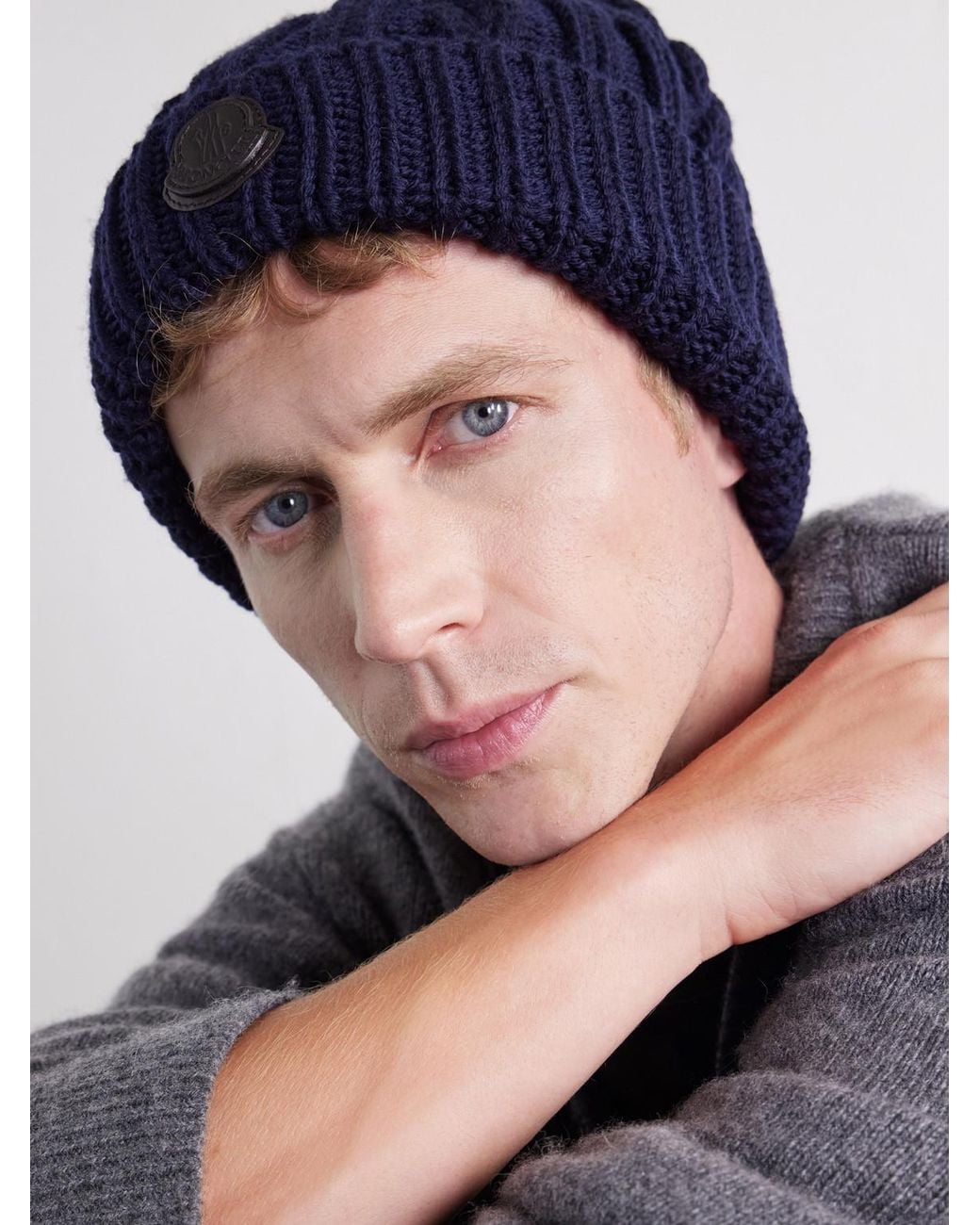 Moncler Blue Logo-Appliquéd Cable-Knit Virgin Wool Beanie for men