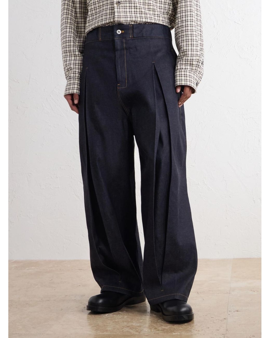 SAGE NATION Blue Barrel-Leg Pleated Jeans for men
