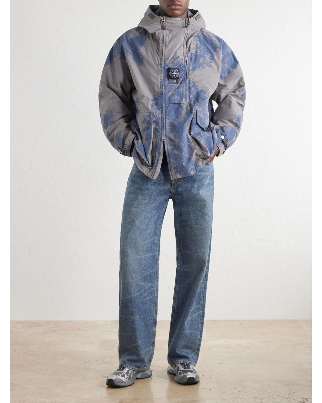 Stone Island Blue Garment-Dyed Paint-Splattered Shell Hooded Parka for men