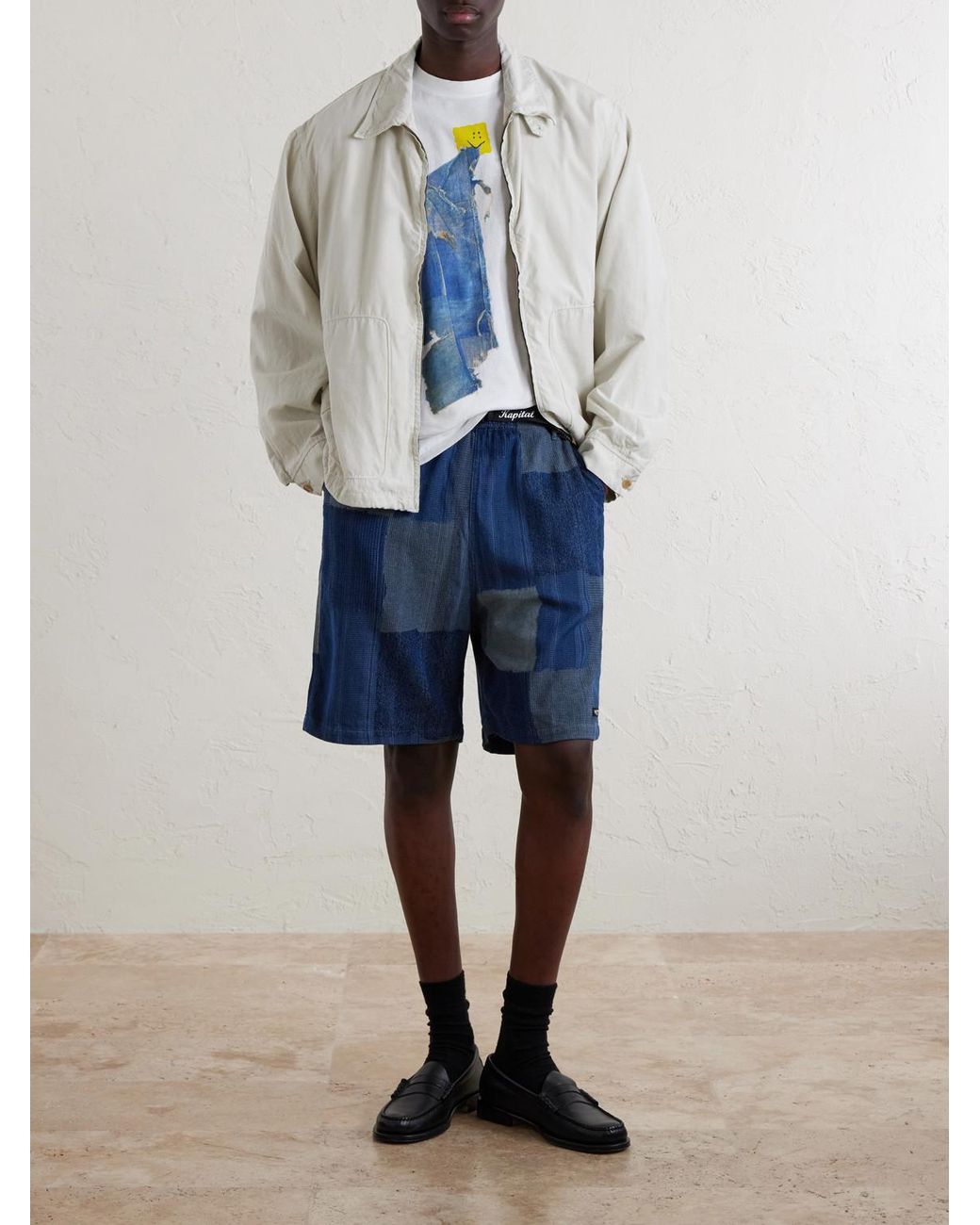 Kapital Blue Tugihagi Straight-Leg Belted Patchwork Cotton Shorts for men