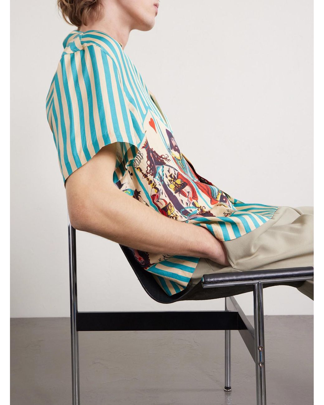Bode Blue Royals Camp-collar Striped Printed Silk Shirt for men
