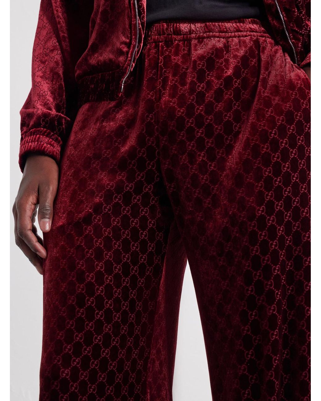 Gucci Red Straight-Leg Gg Supreme Velvet Trousers for men