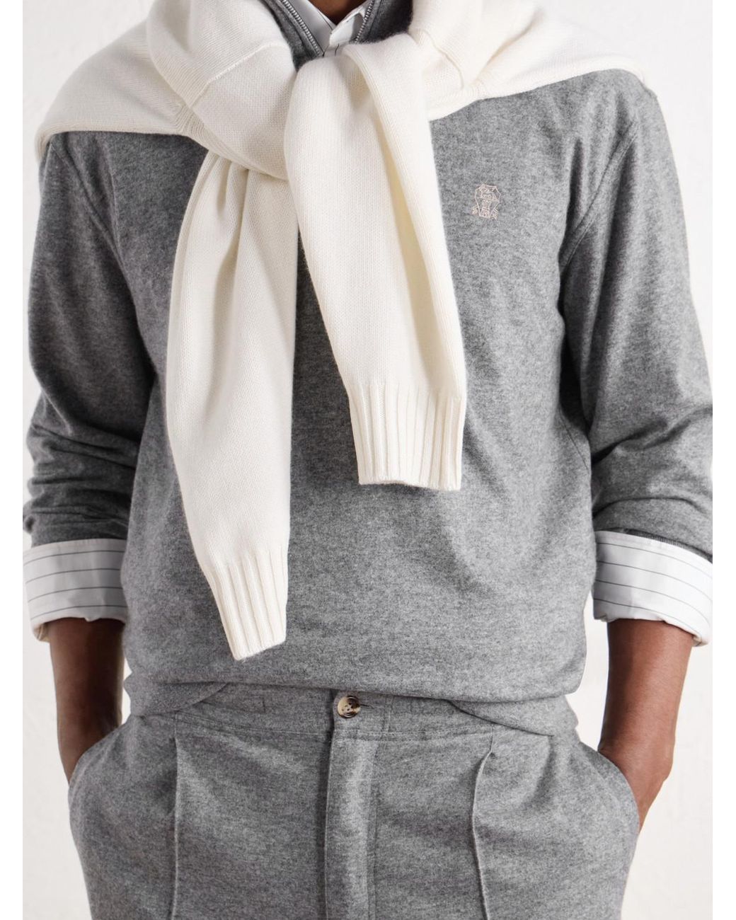 Brunello Cucinelli Gray Logo-Embroidered Cashmere Half-Zip Sweater for men